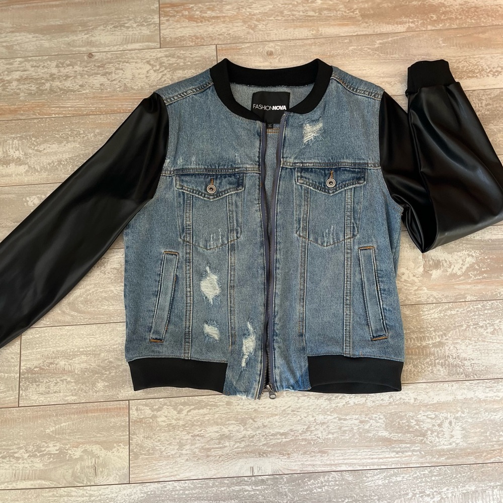 Denim an faux leather bomber